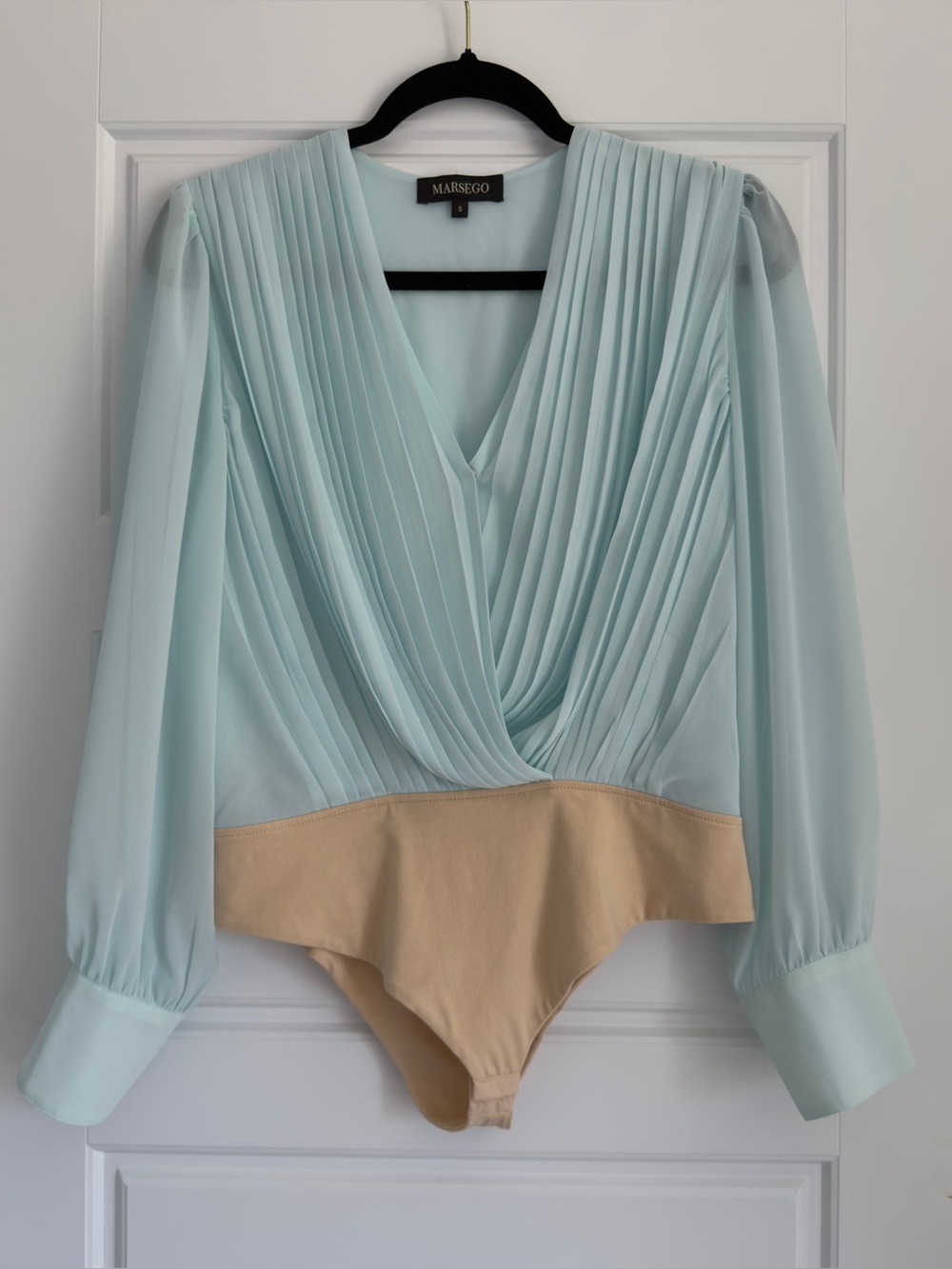 Light Blue Pleated V-Neck Bodysuit with Beige Waist